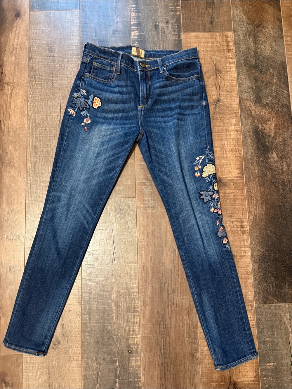 DRIFTWOOD Indigo Skinny Jeans with Multicolor Floral Embroidery